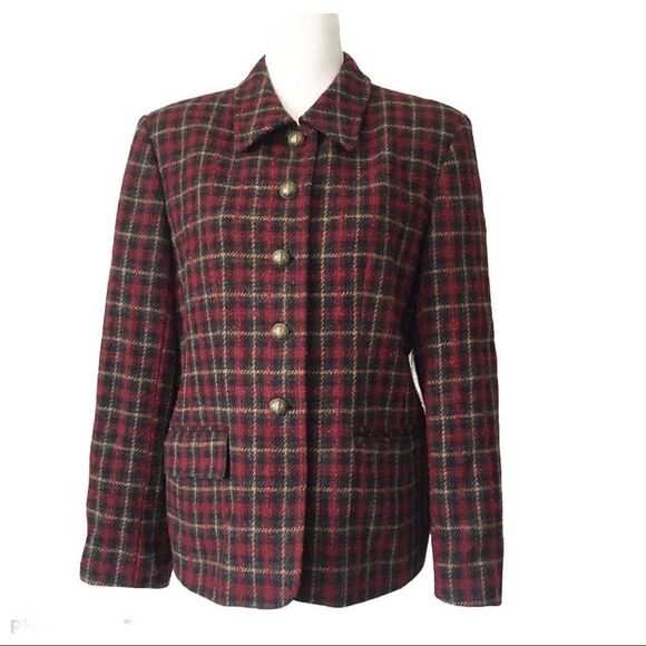 Vintage C&W Black Red Tweed Plaid Wool Preppy Blazer 12 - Picture 1 of 14
